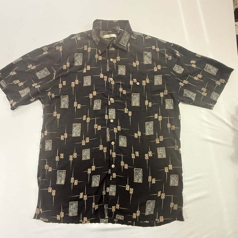 Campia Moda Vintage Rayon Geometric Palm Tree Short Sleeve Button Down Shirt